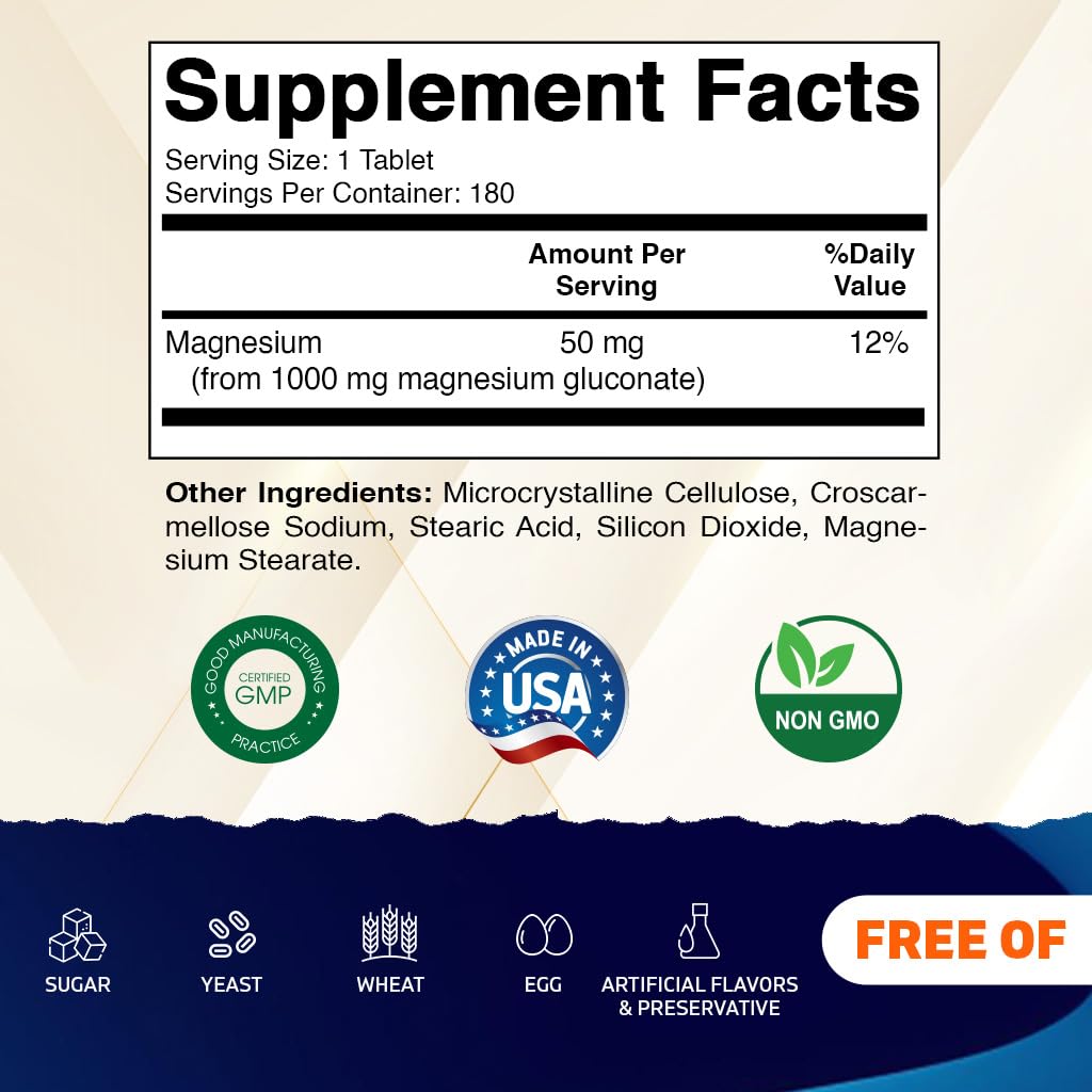 Vitamatic Magnesium Gluconate 1000 mg - 180 Vegetarian Tablets (Uncoated) - Supports Muscle, Nerve, and Heart Health*