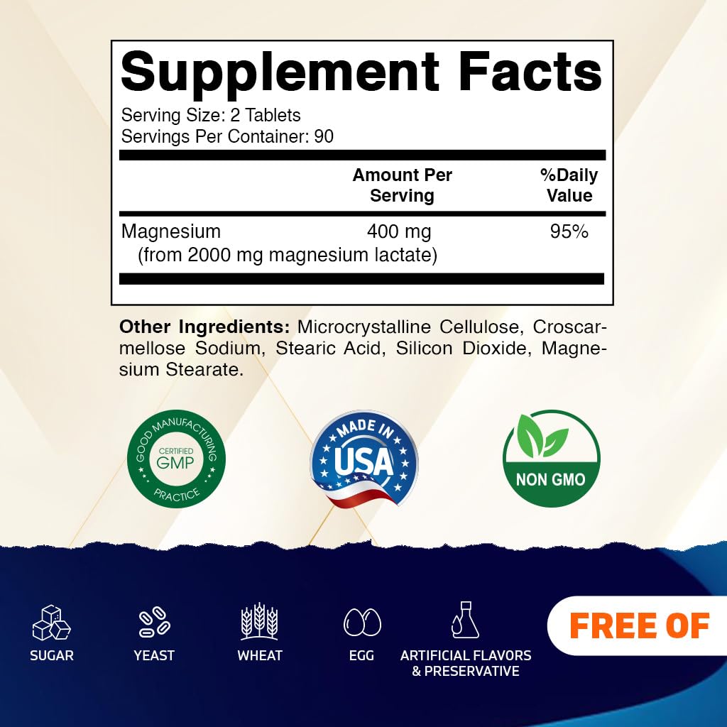 Vitamatic Magnesium Lactate 2000mg – 180 Tablets – Supports Muscle, Heart, Bone & Nervous System Health* – Non-GMO, Gluten Free, No Artificial Additives