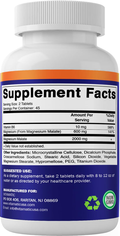 Vitamatic Magnesium Malate 2000mg | 90 Veg Tablets | B6 for Maximum Absorption