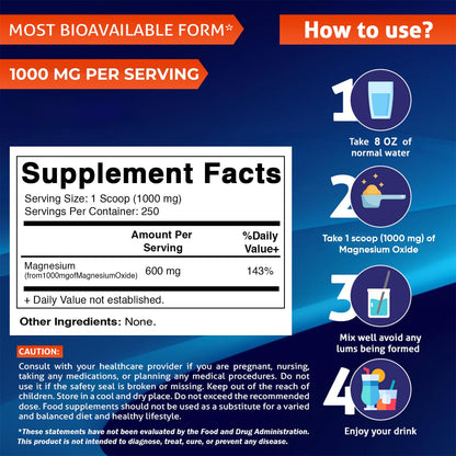 Vitamatic Magnesium Oxide Powder – 1000 mg per Serving | 600 mg Elemental Magnesium | Unflavored
