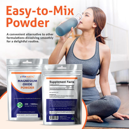 Vitamatic Magnesium Oxide Powder – 1000 mg per Serving | 600 mg Elemental Magnesium | Unflavored