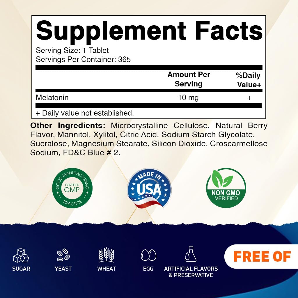 Vitamatic Melatonin 10 mg Tablets - 1-Year Supply | Berry Flavor | Vegetarian
