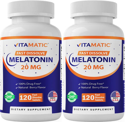 Vitamatic Melatonin 20 mg Fast Dissolve – 240 Tablets | Natural Berry Flavor (2-Pack)