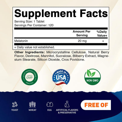 Vitamatic Melatonin 20 mg Fast Dissolve – 240 Tablets | Natural Berry Flavor (2-Pack)