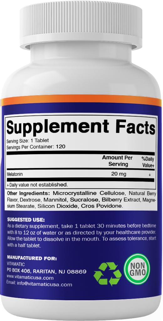 Vitamatic Melatonin 20 mg Fast Dissolve – 240 Tablets | Natural Berry Flavor (2-Pack)