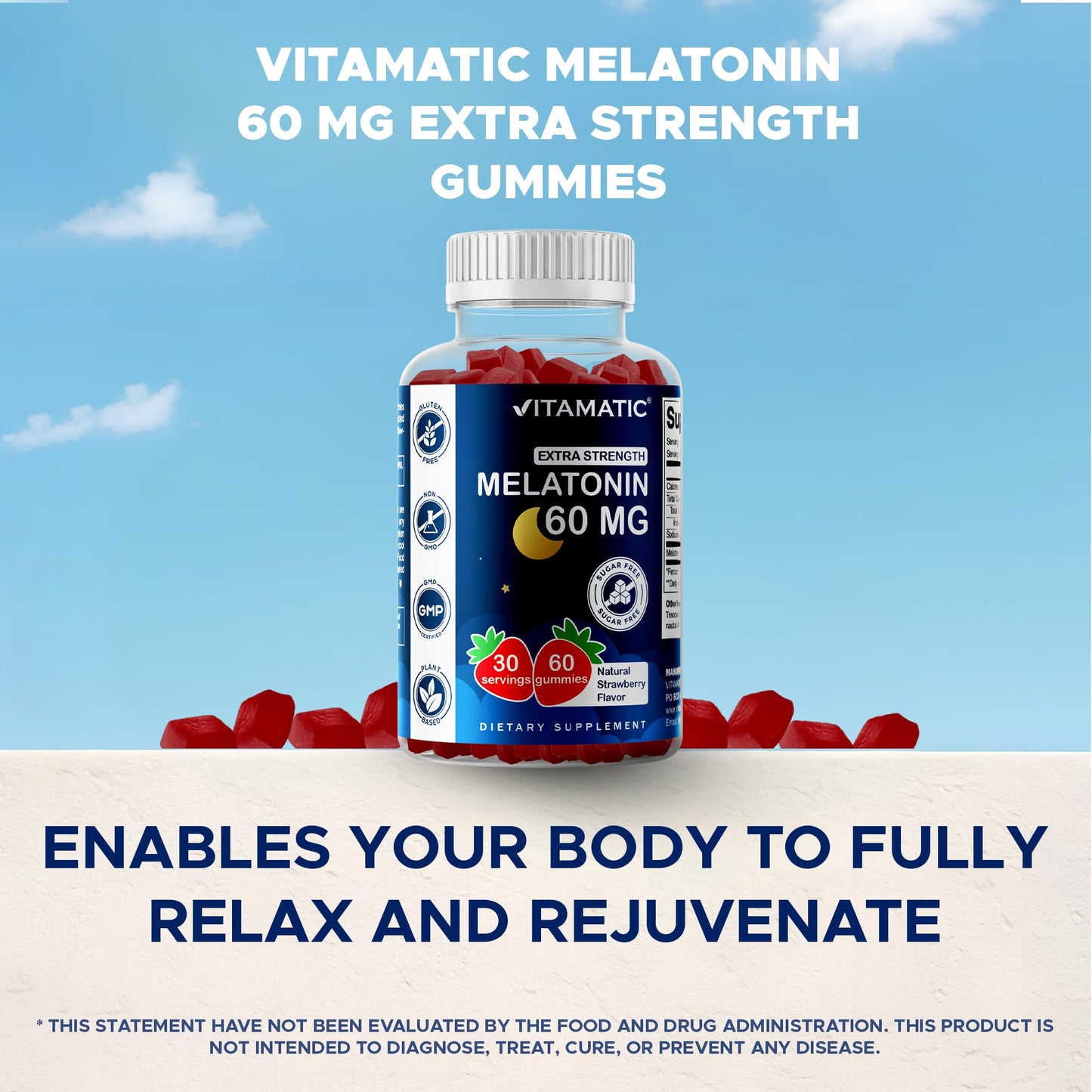 Vitamatic Sugar Free Melatonin 60 mg Gummies – 2 Pack (60 Gummies) – Vegan, Non-Habit Forming