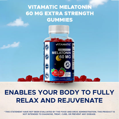 Vitamatic Sugar Free Melatonin 60 mg Gummies – 2 Pack (60 Gummies) – Vegan, Non-Habit Forming
