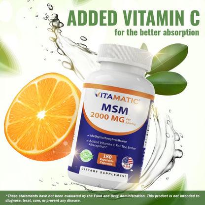 Vitamatic MSM 2000 mg with Vitamin C 75 mg – 180 Veg Capsules – Non-GMO & Gluten Free – Pack of 2