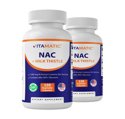Vitamatic NAC Supplement with Milk Thistle 50:1 Extract - 1200 mg NAC, 120 Veg Capsules - Immune, Respiratory & Liver Support - 2 Pack