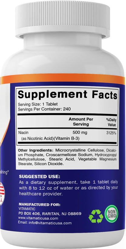 Vitamatic Niacin 500mg – Sustained Release (240 Tablets Pack of 2) Non-GMO & Gluten Free