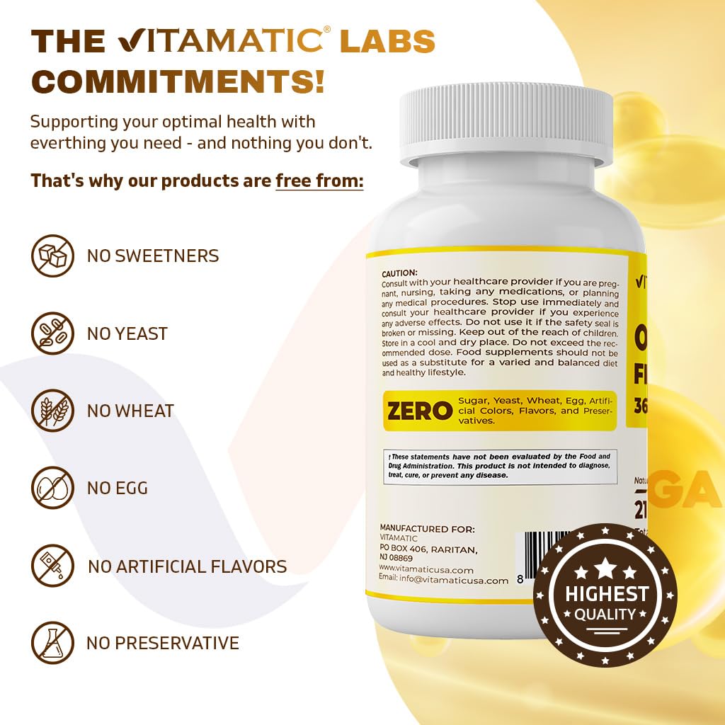 Vitamatic Omega-3 Fish Oil 3600mg per Serving – 180 Burpless Lemon Softgels