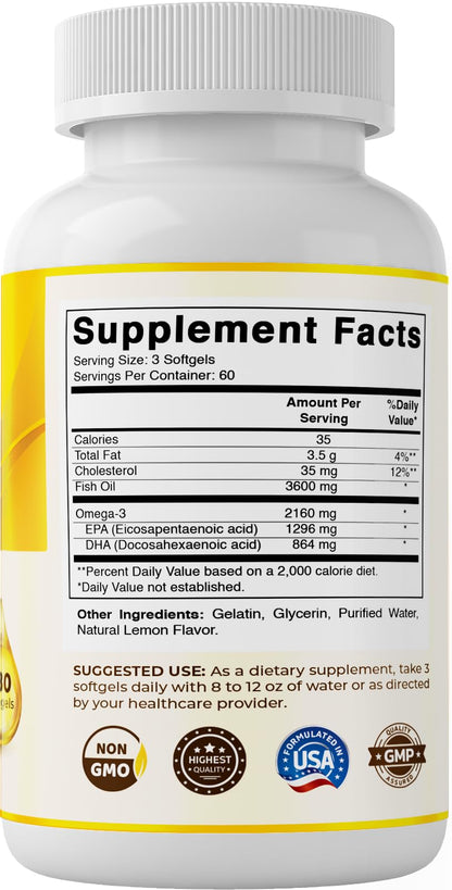 Vitamatic Omega-3 Fish Oil 3600mg per Serving – 180 Burpless Lemon Softgels