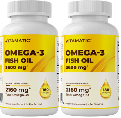Vitamatic Triple Strength Omega 3 Fish Oil 3600mg Per Serving - Burpless Lemon Flavor, 180 Softgels (Pack of 2)