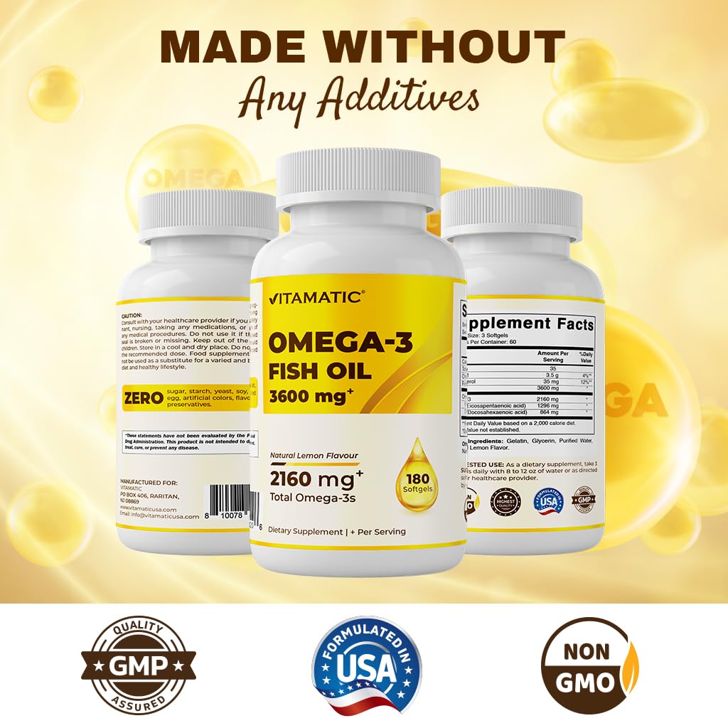 Vitamatic Triple Strength Omega 3 Fish Oil 3600mg Per Serving - Burpless Lemon Flavor, 180 Softgels (Pack of 2)