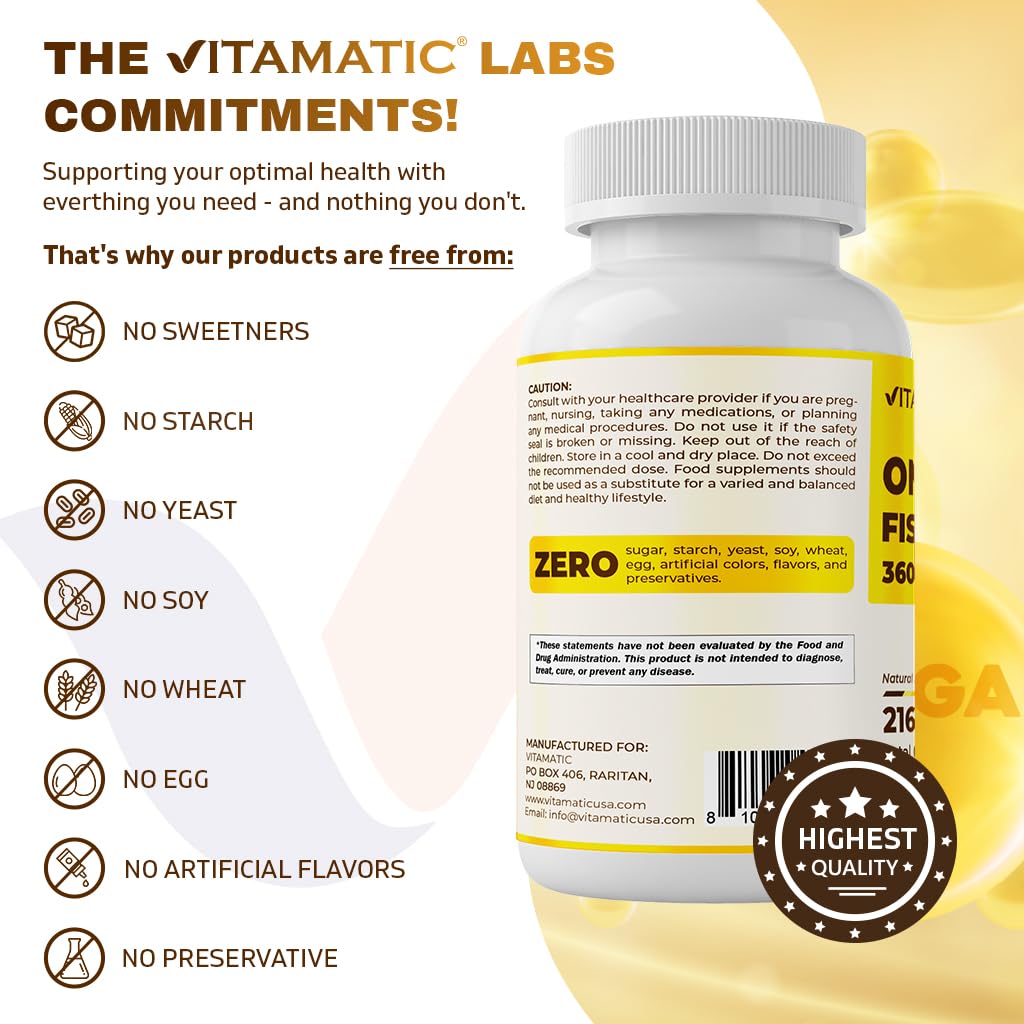 Vitamatic Triple Strength Omega 3 Fish Oil 3600mg Per Serving - Burpless Lemon Flavor, 180 Softgels (Pack of 2)
