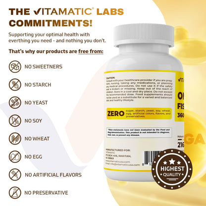 Vitamatic Triple Strength Omega 3 Fish Oil 3600mg Per Serving - Burpless Lemon Flavor, 180 Softgels (Pack of 2)