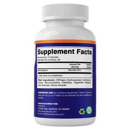 Vitamatic Serrapeptase 240,000 SPU | 120-Count Delayed-Release Enteric-Coated Capsules | Non-GMO, Made in USA