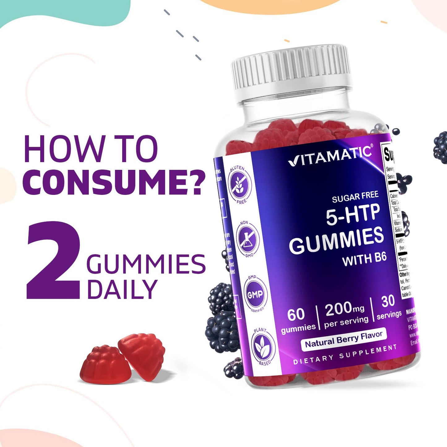 Vitamatic Sugar Free 5-HTP Gummies with B6 - 60 Gummies per Pack (Pack of 2)