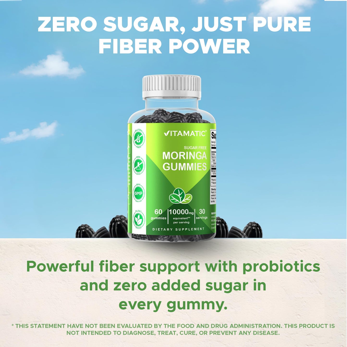 Vitamatic Sugar Free Moringa Gummies – 10,000 mg Equivalent per Serving (50:1 Extract) – 60 Vegan Gummies (Pack of 2)