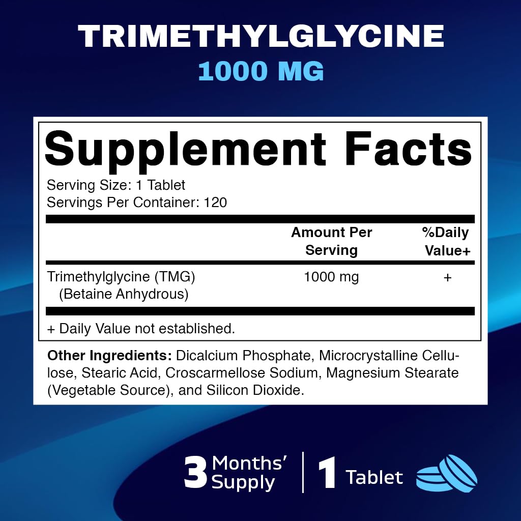Vitamatic TMG 1000mg – Trimethylglycine (Betaine Anhydrous) – 120 Tablets, 2 Bottles – Non-GMO & Gluten Free