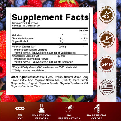 Vitamatic Valerian Root Chamomile Gummies – 6000 mg per Serving, Mixed Berry – 60 Gummies | Non-GMO, Gluten-Free