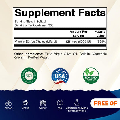 Vitamatic Vitamin D3 5000 IU (125 mcg) – Olive Oil-Based Softgels, 500-Day Supply (Pack of 2) | Non-GMO & Gluten-Free