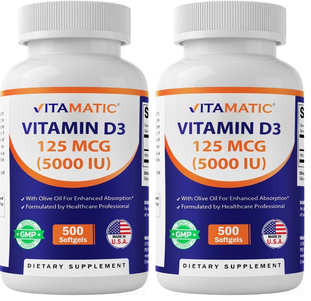 Vitamatic Vitamin D3 5000 IU (125 mcg) – Olive Oil-Based Softgels, 500-Day Supply (Pack of 2) | Non-GMO & Gluten-Free