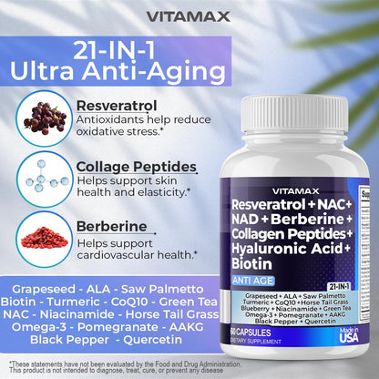Vitamax 21-in-1 Age Smart NAD+ Resveratrol Berberine – Made in USA