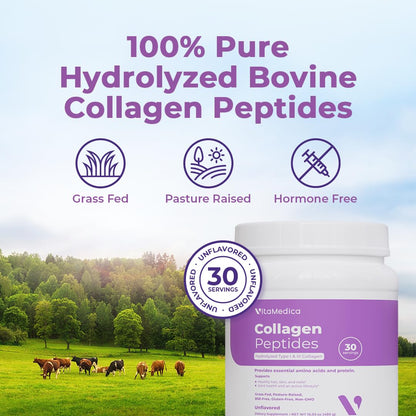 VitaMedica Collagen Peptides Powder – Healthy Hair, Skin, Nails, Bones & Joints (Hydrolyzed Types I & III) – Grass-Fed, Pasture-Raised, Unflavored, Zero Sugar – 30 Servings