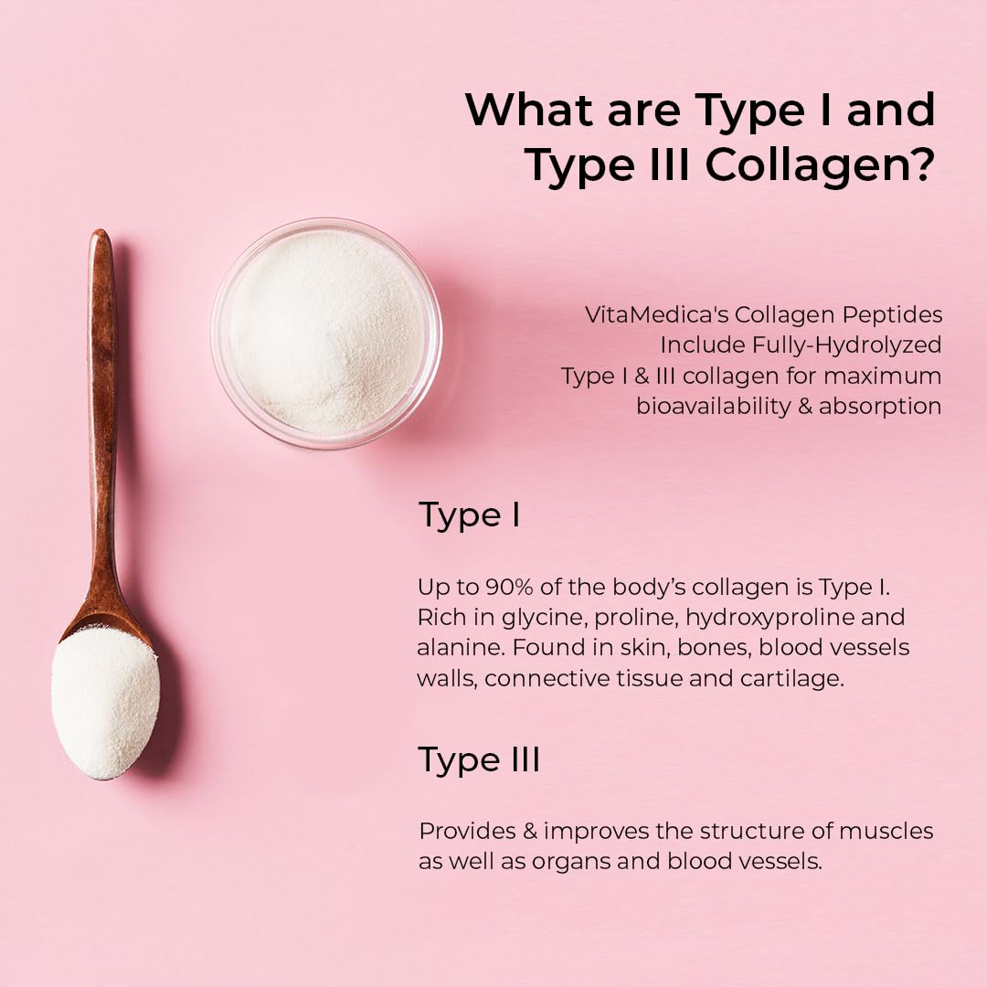 VitaMedica Collagen Peptides Powder – Healthy Hair, Skin, Nails, Bones & Joints (Hydrolyzed Types I & III) – Grass-Fed, Pasture-Raised, Unflavored, Zero Sugar – 30 Servings