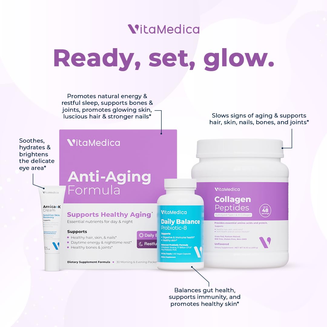 VitaMedica Anti-Aging Formula AM/PM Multivitamin Packets – Radiant Skin, Hair & Nails, Day Energy + Nighttime Recovery (30 Packs)