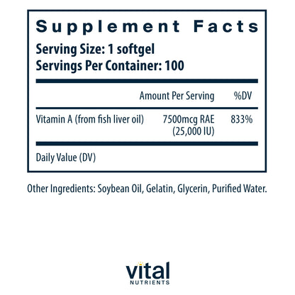 Vital Nutrients Vitamin A 7500mcg RAE – Immune, Vision, Skin Support | 100 Capsules