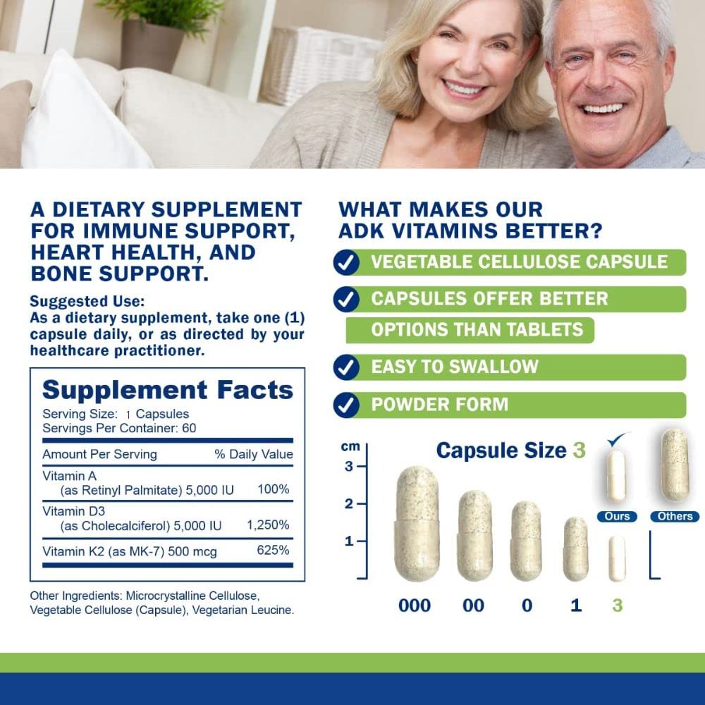 Power By Naturals ADK Vitamin Supplement: Vitamin A, D3 5000 IU, and Vitamin K2 MK-7 for Bone Health | Pack of 2 (60 Capsules Each)