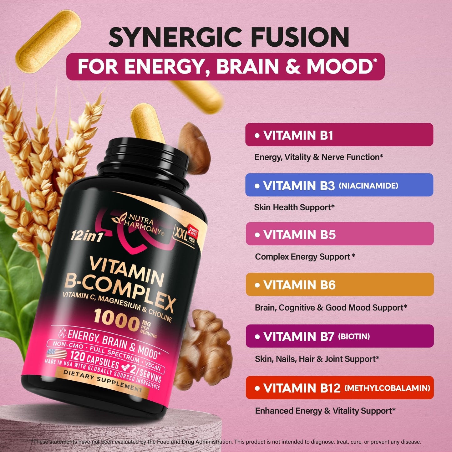 Vitamin B Complex for Men & Women – Made in USA – 120 Vegan Capsules