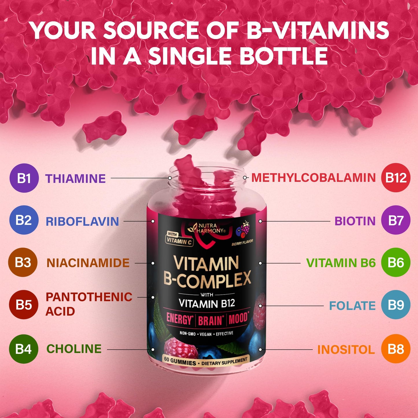 Vitamin B-Complex Gummies for Women & Men - B1-B12 + Vitamin C & Choline - Berry Flavor, Vegan (60 Gummies)