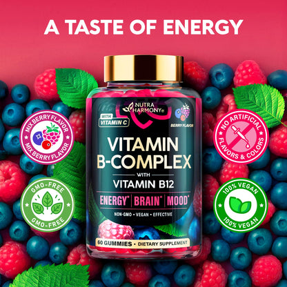 Vitamin B-Complex Gummies for Women & Men - B1-B12 + Vitamin C & Choline - Berry Flavor, Vegan (60 Gummies)