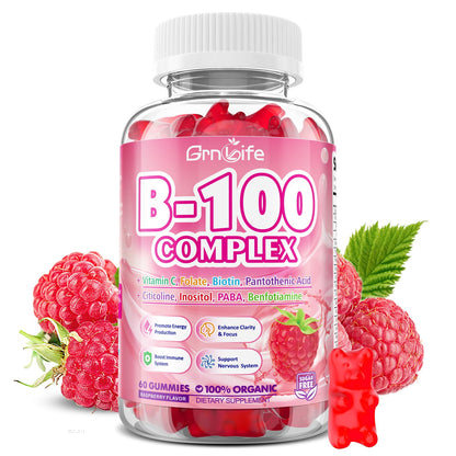 Vitamin B Complex Gummies – All B Vitamins + Methyl B12 | Energy & Immune Support | Raspberry Flavor (60 Count)