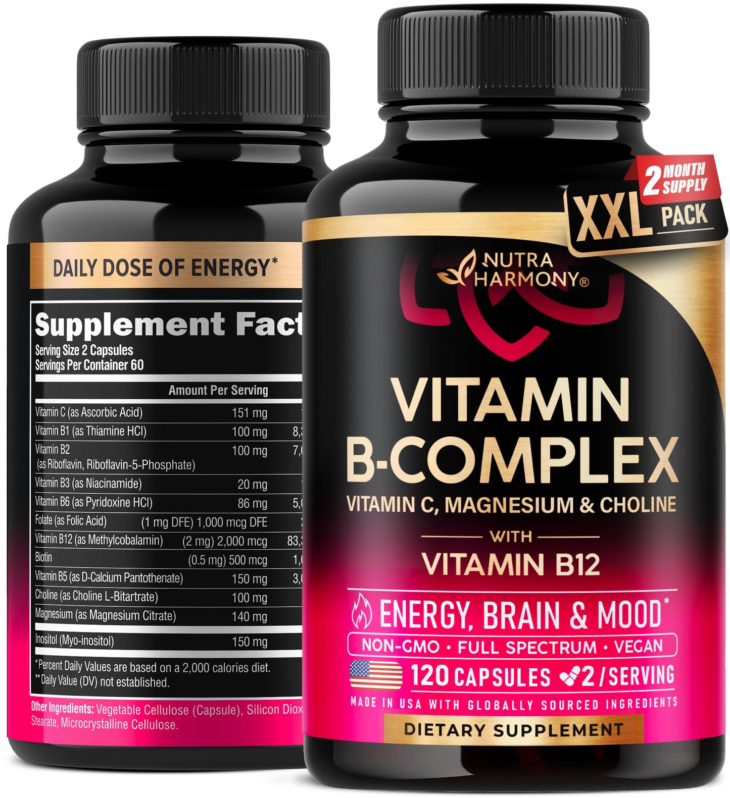 Vitamin B Complex for Men & Women – Made in USA – 120 Vegan Capsules