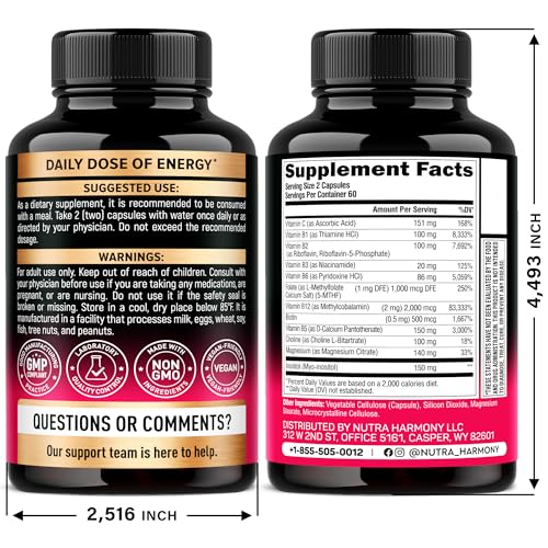 Vitamin B Complex for Men & Women – Made in USA – 120 Vegan Capsules
