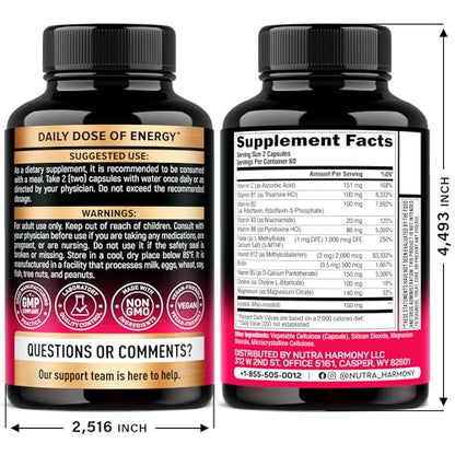 Vitamin B Complex for Men & Women – Made in USA – 120 Vegan Capsules