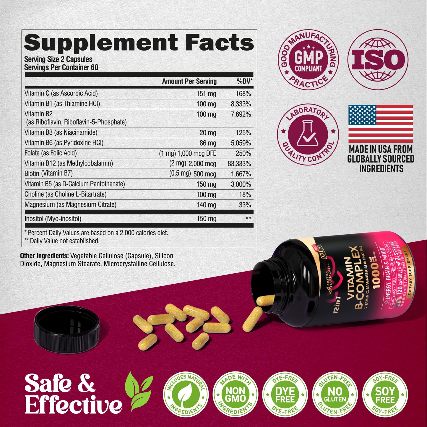 Vitamin B Complex for Men & Women – Made in USA – 120 Vegan Capsules
