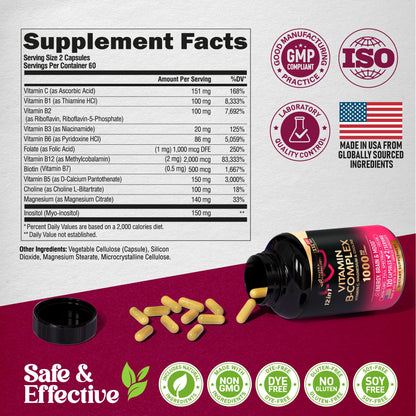 Vitamin B Complex for Men & Women – Made in USA – 120 Vegan Capsules
