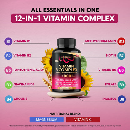 Vitamin B Complex for Men & Women – Made in USA – 120 Vegan Capsules