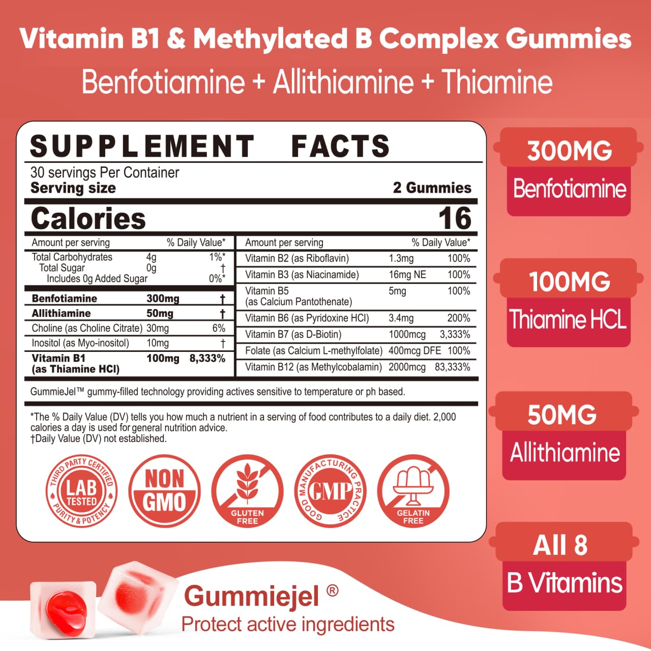 Vitamin B1 & Methylated Vitamin B Complex Gummies - All B Vitamins, Benfotiamine, Thiamine & Inositol, Methylated B1 B2 B6 Multivitamins, L-methylfolate, Methyl B12 for Nerve Cognition Energy, 60 Cts