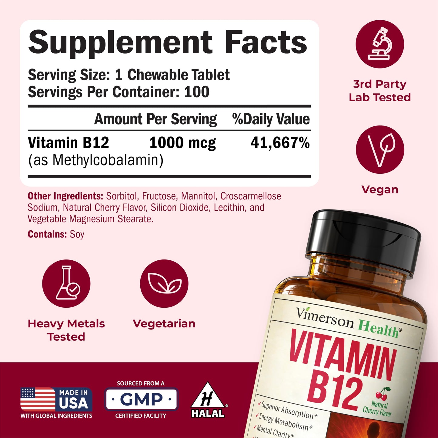 Vitamin B12 1000 mcg – Chewable Methylcobalamin B12 for Energy & Metabolism – Vegan Cherry Flavor