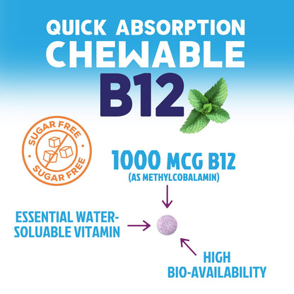 Vitamin B12 1000 mcg Methylcobalamin - Vegan, Sugar-Free Raspberry | 60 Chewable Tablets | 60 Day Supply