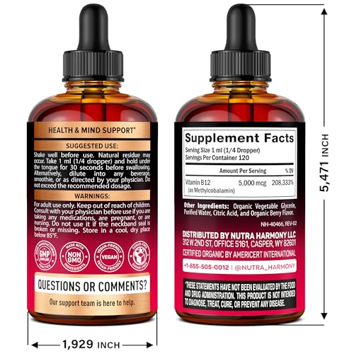 USDA Organic Vitamin B12 Sublingual Drops – 5000 mcg, 4 oz, 4 Month Supply