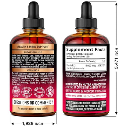 USDA Organic Vitamin B12 Sublingual Drops – 5000 mcg, 4 oz, 4 Month Supply