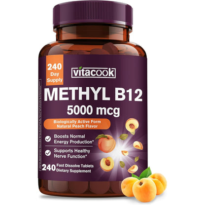 Vitamin B12 Sublingual 5000mcg – Energy & Nerve Support, Peach Flavor, Vegan
