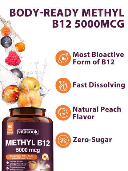 Vitamin B12 Sublingual 5000mcg – Energy & Nerve Support, Peach Flavor, Vegan